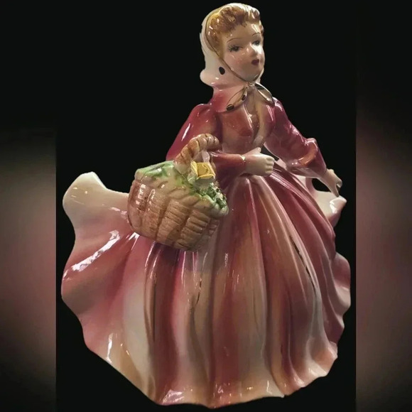 Vintage Lefton Lady in Flowing Pink Dress with Basket of Flowers Planter or Vase - Picture 3 of 11